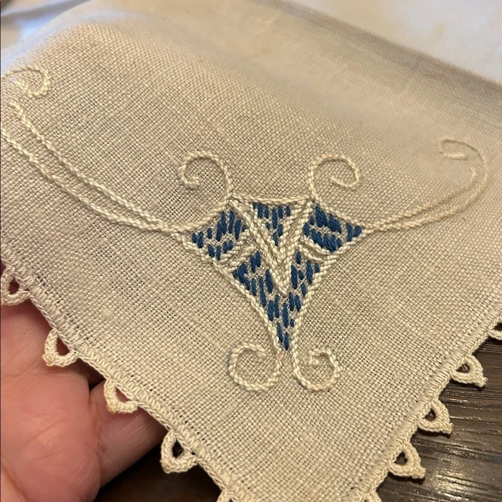 Vintage Stitched Linen Napkins with V Initial